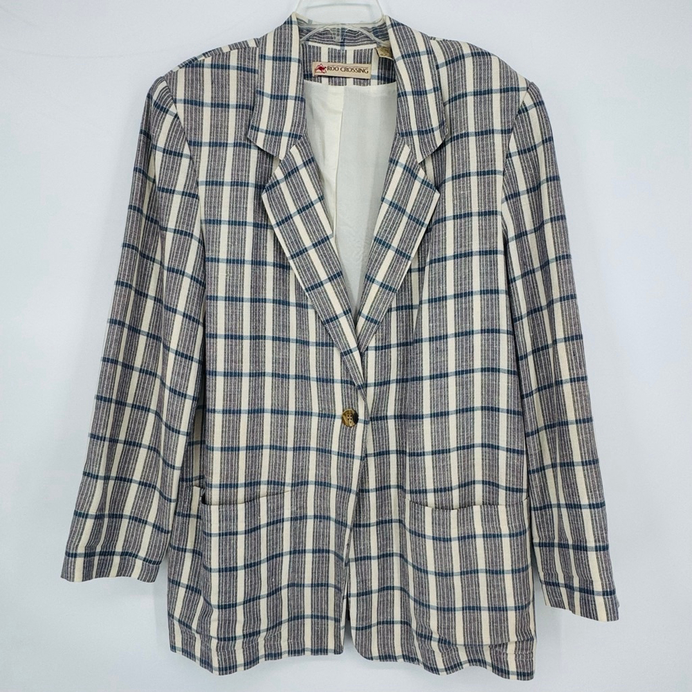Roo Crossing Plaid Linen Blend Blazer L Beige Blue Summer Sport Coat